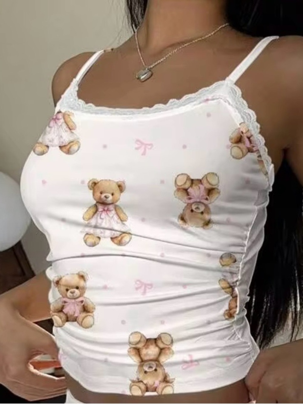 Y2K Style Pink Teddy Bear Lace Trim Cami Top